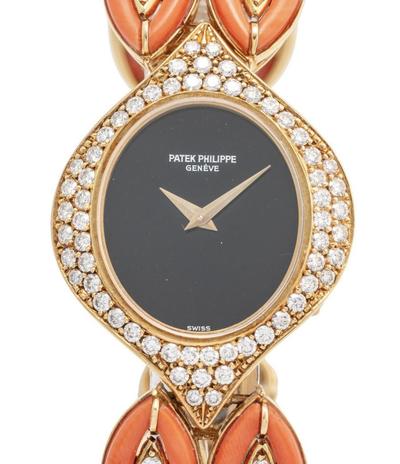 Pièce unique Lady's wristwatch, necklace and bracelet set, onyx, coral and diamond. 4424/1
