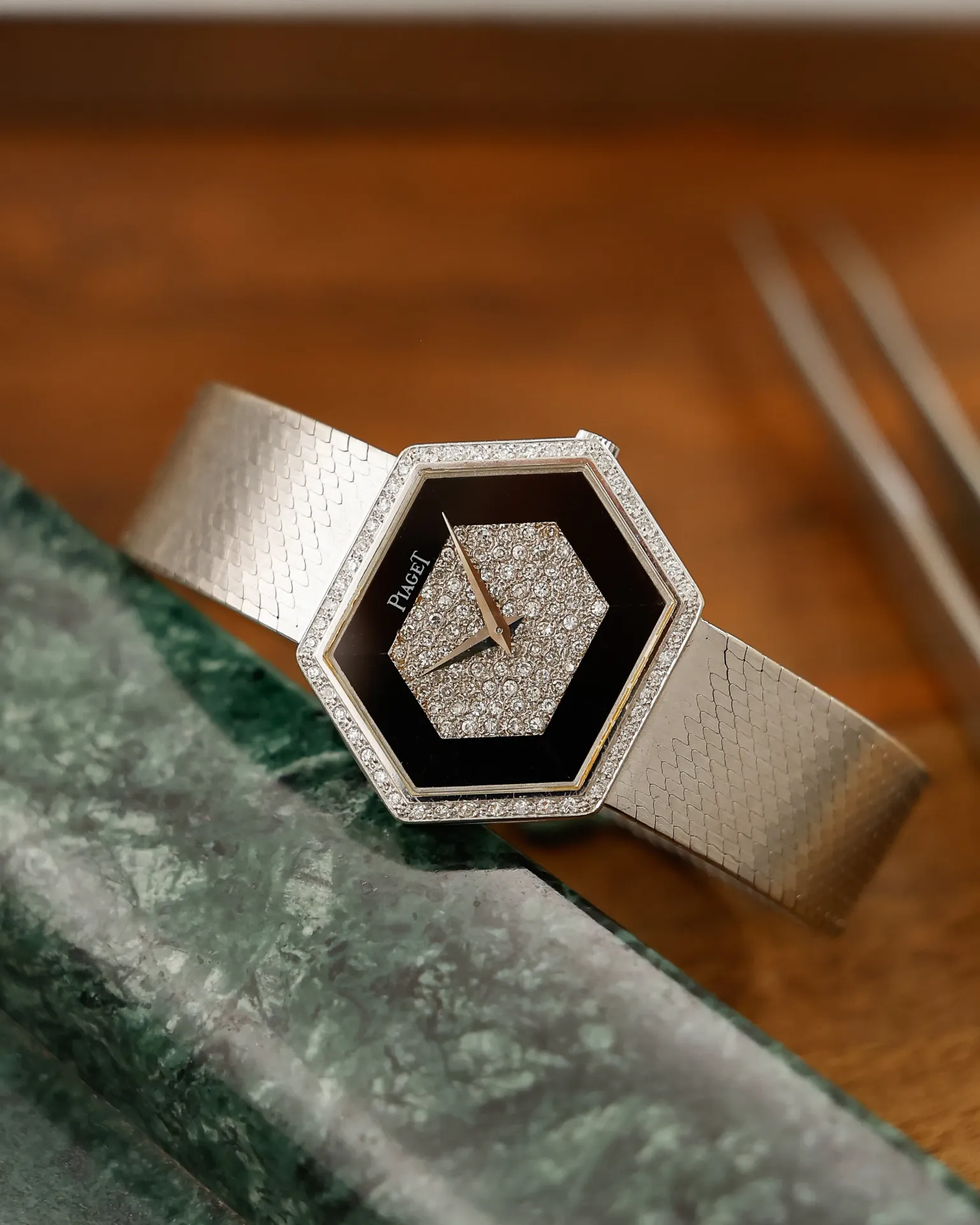 Hexagonal Onyx and Diamond Bracelet Watch