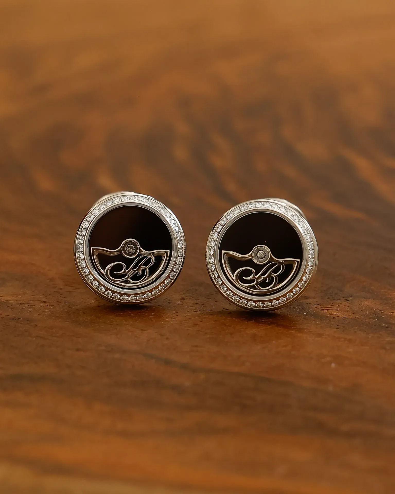 Cufflinks, 18k White Gold, Diamond-Set, Black Onyx Face
